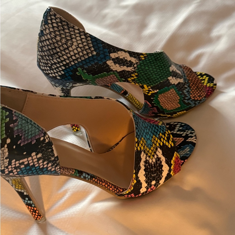 Multicolor Snakeskin-Print Open-Toe Stiletto Heels